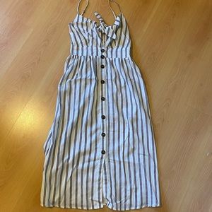 White with pink and blue thin stripes mid dress